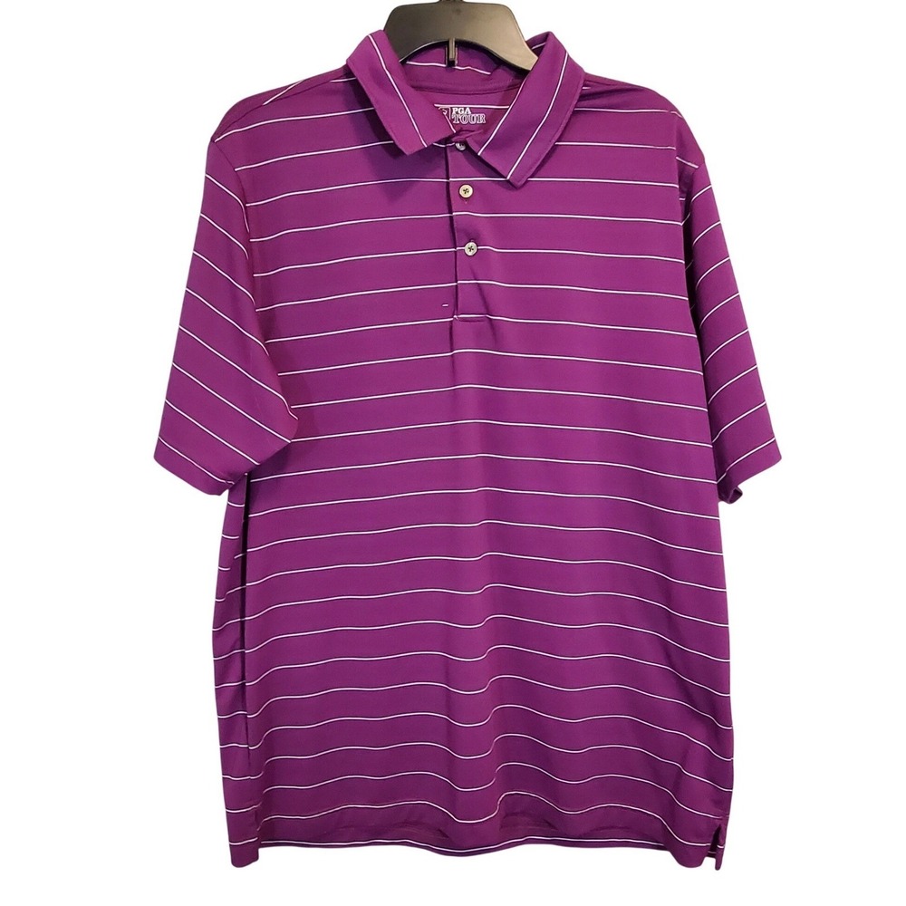 PGA Tour Mens XL Purple White Striped Short Sleeve Performance Golf Polo Shirt